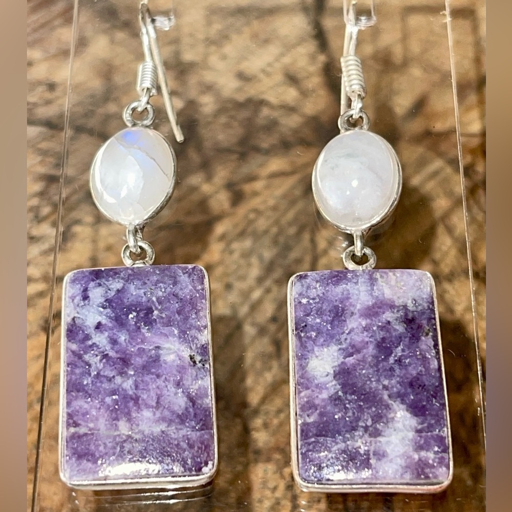 Lilac Lepidolite & Rainbow Moonstone Earrings 2 1/4”